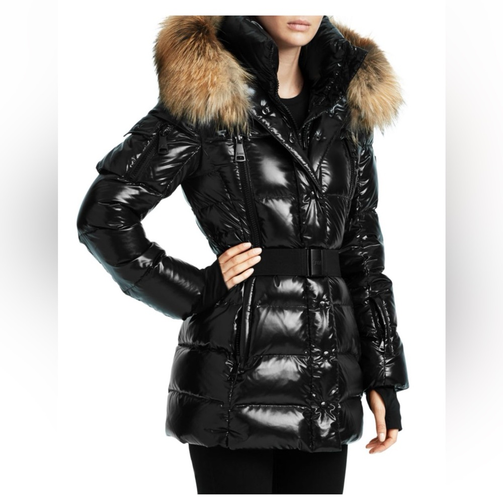 SAM Millennium Fox Fur-Trim Belted Down Puffer Jacket